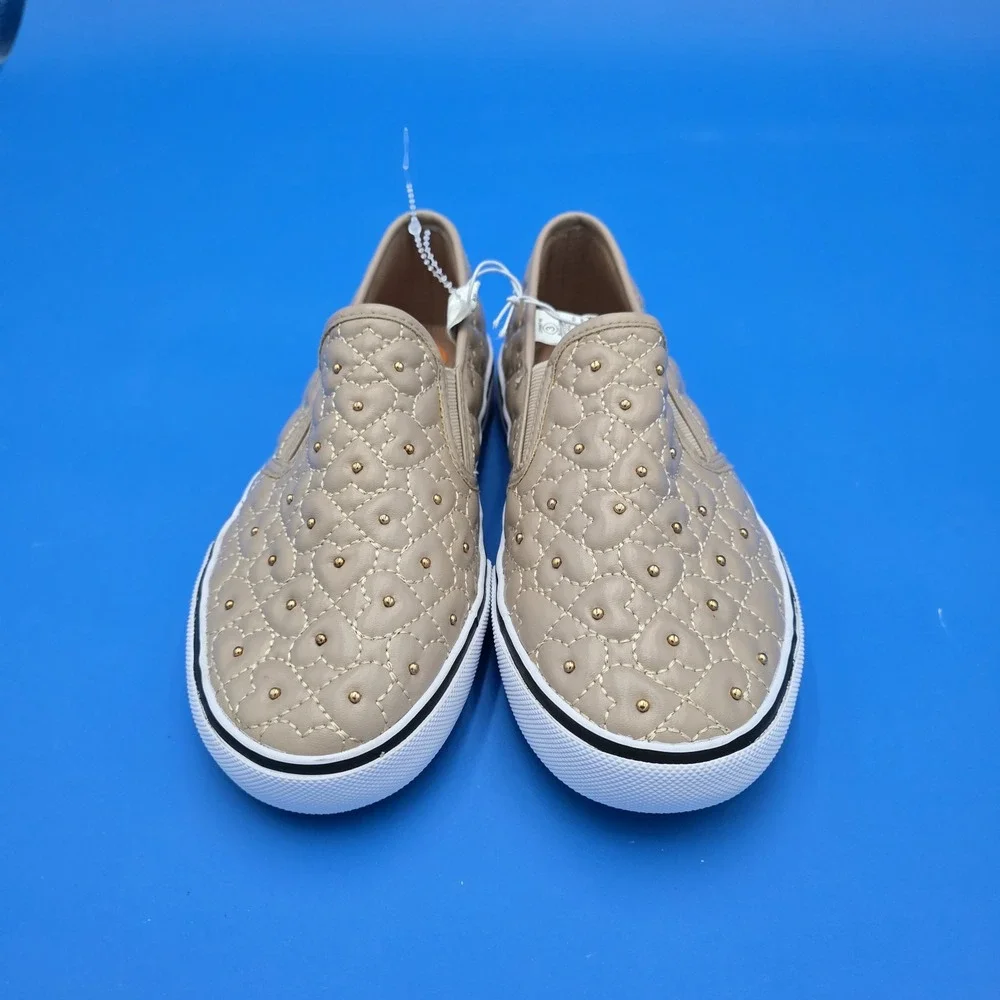 C. Sports Kids Quilted Heart Studded Slip On Sneakers‎ Taupe Beige Size 3 NWOB